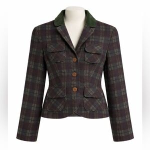 Alberta Ferretti Wool Plaid Blazer Jacket faux leather elbow patches
